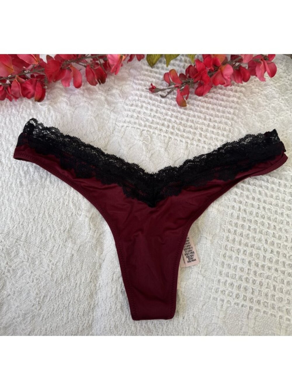 VICTORIA'S SECRET XS SILKY WINE BLACK LACE HI LEG TANGA THONG PANTIES NWT